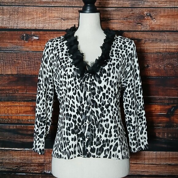 White House Black Market Cardigan Sweater M Leopard Ruffle Collar 3/4 Sleeve - Picture 2 of 8